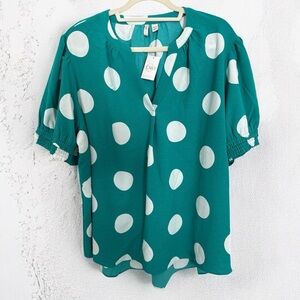 Cato Teal Green With White Polka Dots/Short Sleeve Blouse – Size 22/24W